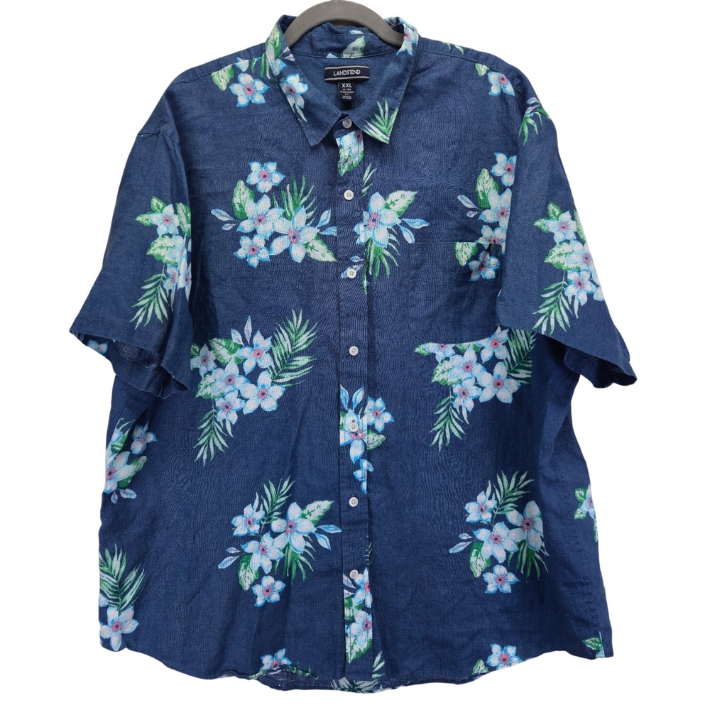 Lands End‎ Mens Blue Floral Linen Short Sleeve Button Down Shirt XXL Resortwear